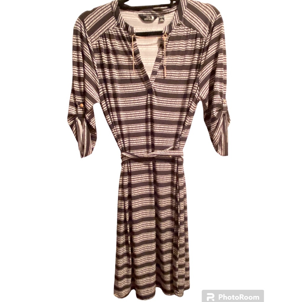 NWT Dress black and white stripe work career gold detail belt Size L